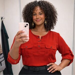 Bright red/deep orange career wear tunic with brass button accents